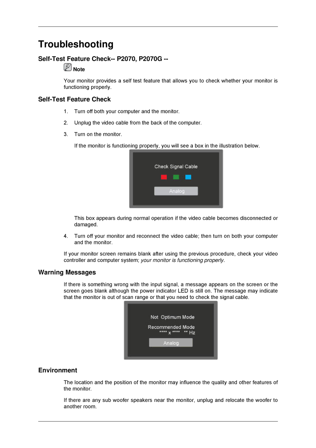 Samsung LS22EFHKFV/CI, LS22EFHKFV/EN, LS20EFHKFV/EN, LS22EFHKFU/EN manual Self-Test Feature Check-- P2070, P2070G, Environment 