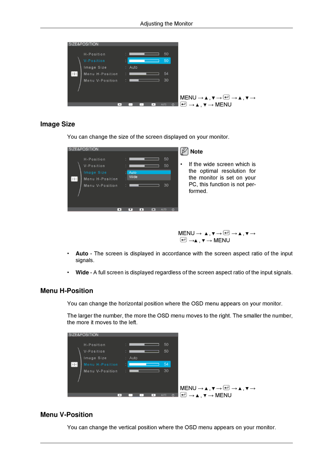 Samsung LS22EFHKFVSEN, LS22EFHKFV/EN, LS20EFHKFV/EN, LS22EFHKFU/EN, LS23EFHKF/ZN Image Size, Menu H-Position, Menu V-Position 