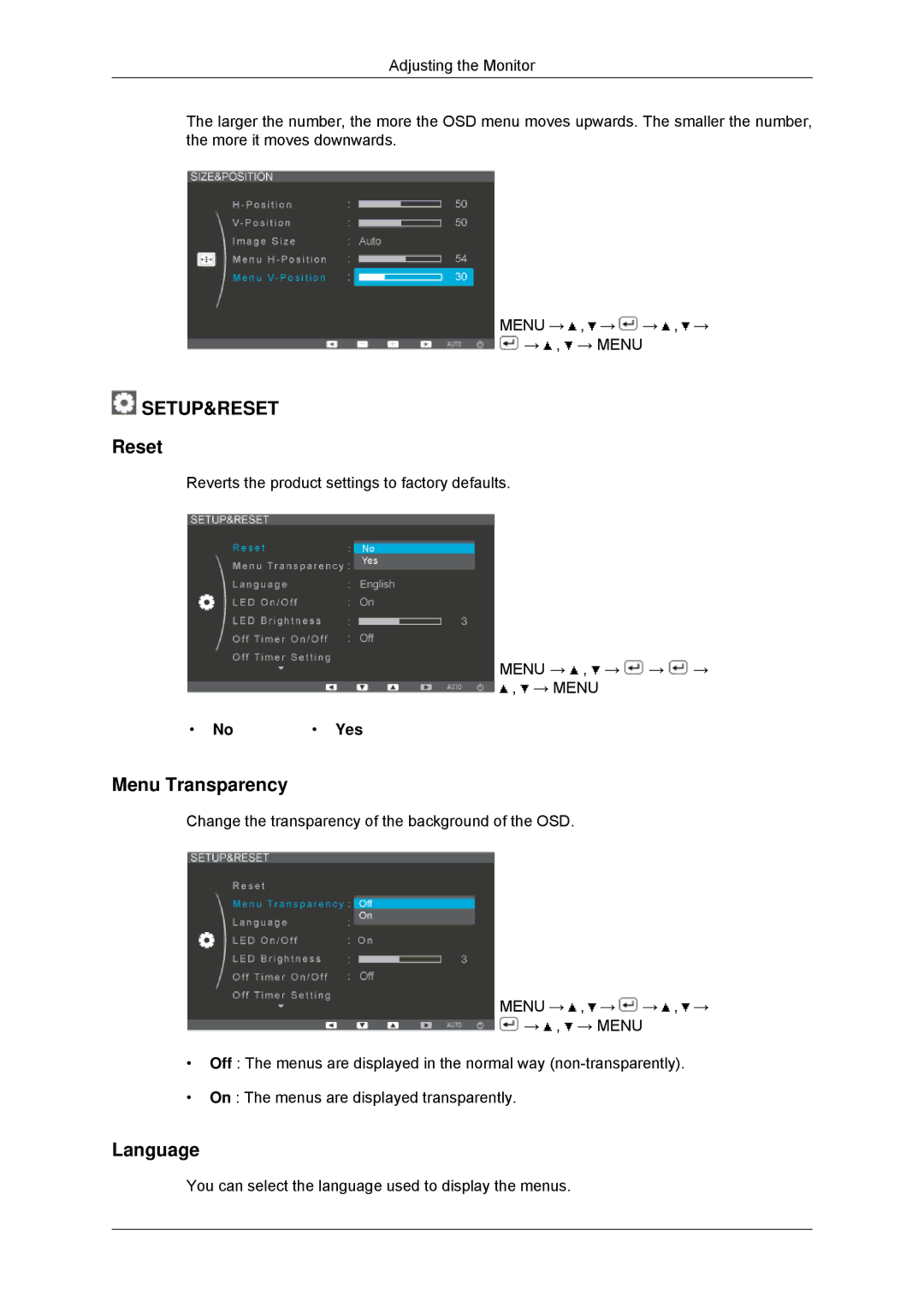 Samsung LS23EFHKFV/CI, LS22EFHKFV/EN, LS20EFHKFV/EN, LS22EFHKFU/EN, LS23EFHKFV/EN Reset, Menu Transparency, Language, Yes 