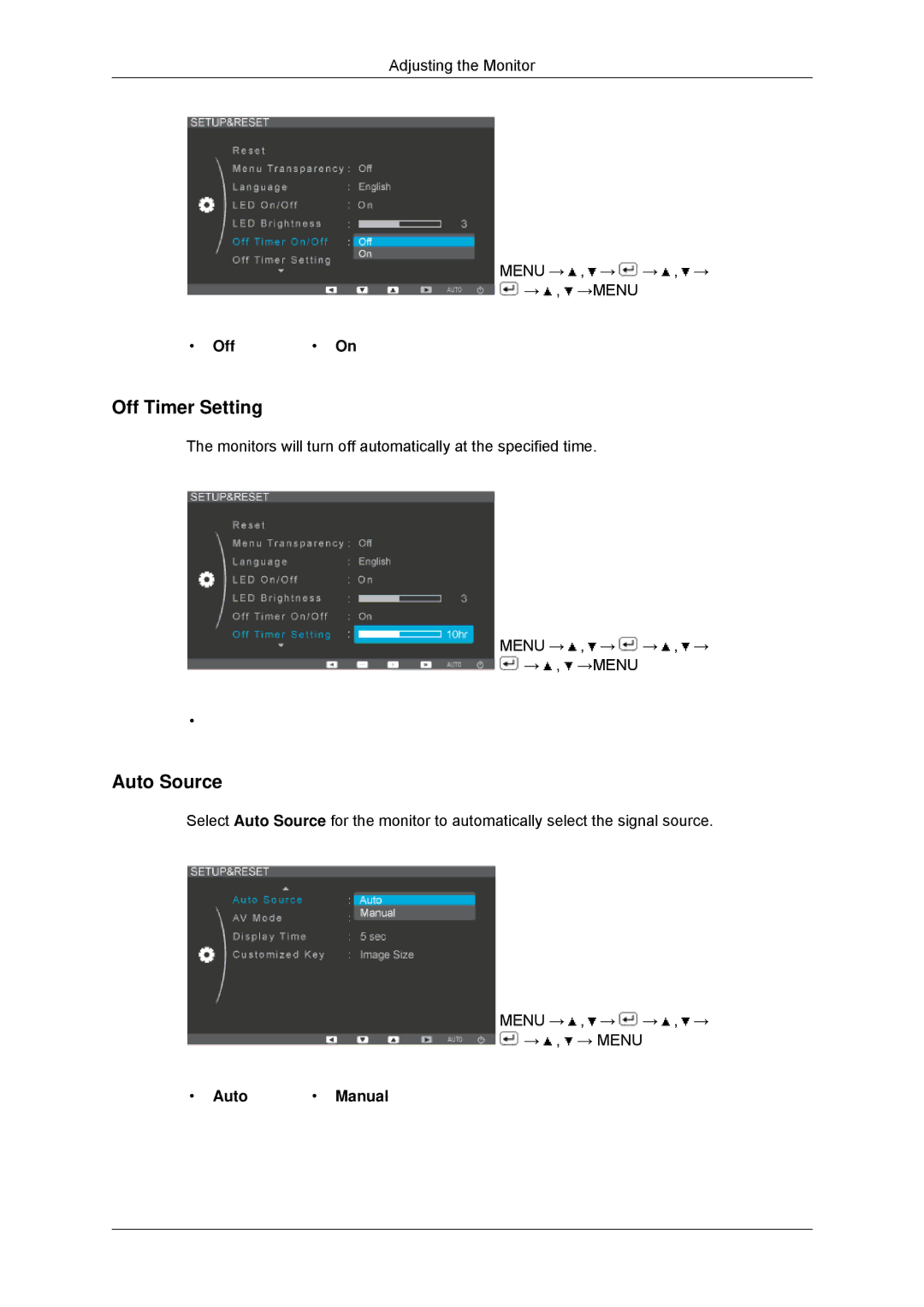 Samsung LS20EFHKFV/CH, LS22EFHKFV/EN, LS20EFHKFV/EN, LS22EFHKFU/EN, LS23EFHKFV/EN Off Timer Setting, Auto Source, Auto Manual 