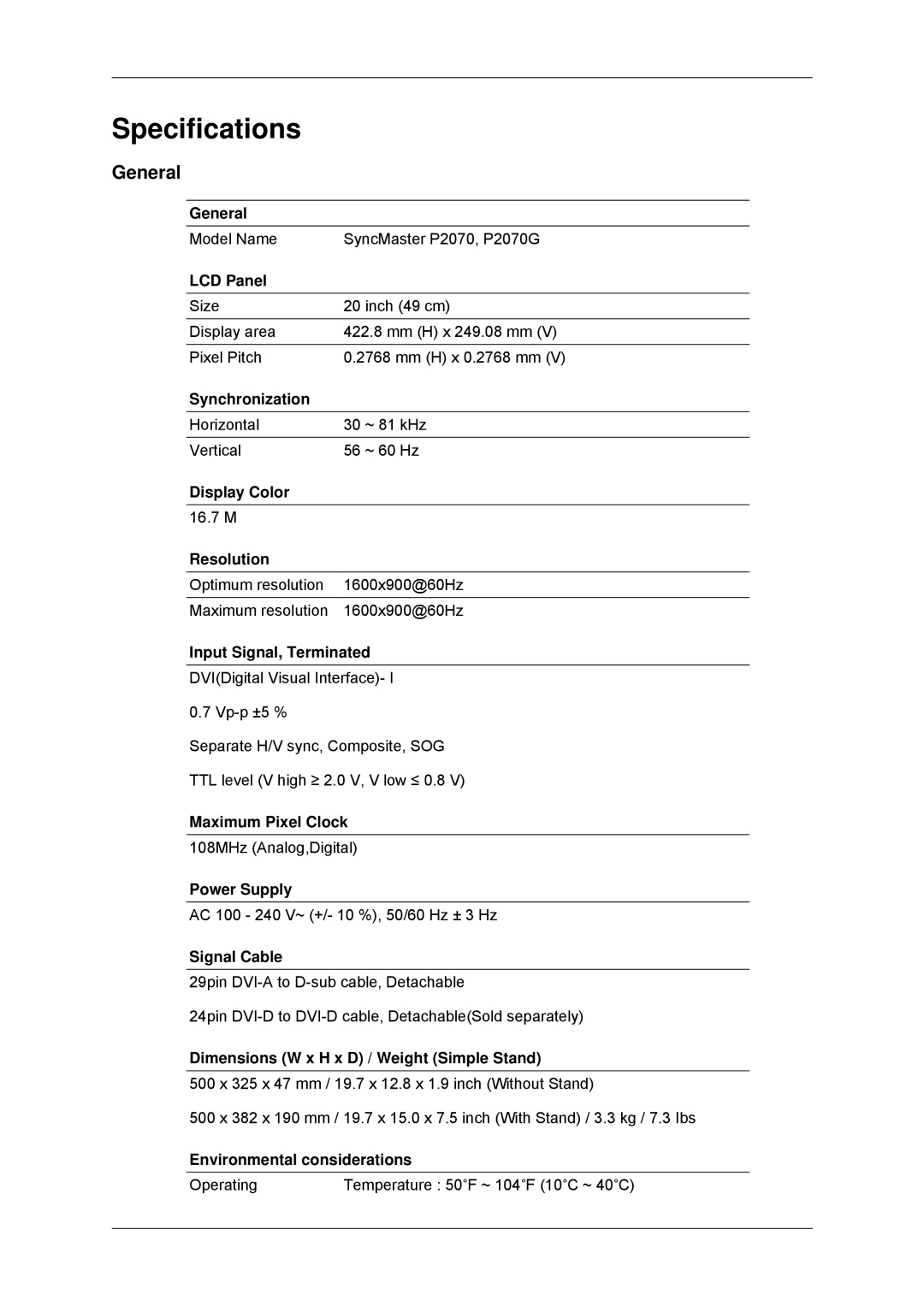 Samsung LS22EFHKUVSEN, LS22EFHKFV/EN, LS20EFHKFV/EN, LS22EFHKFU/EN, LS23EFHKFV/EN, LS23EFHKF/ZN manual Specifications, General 