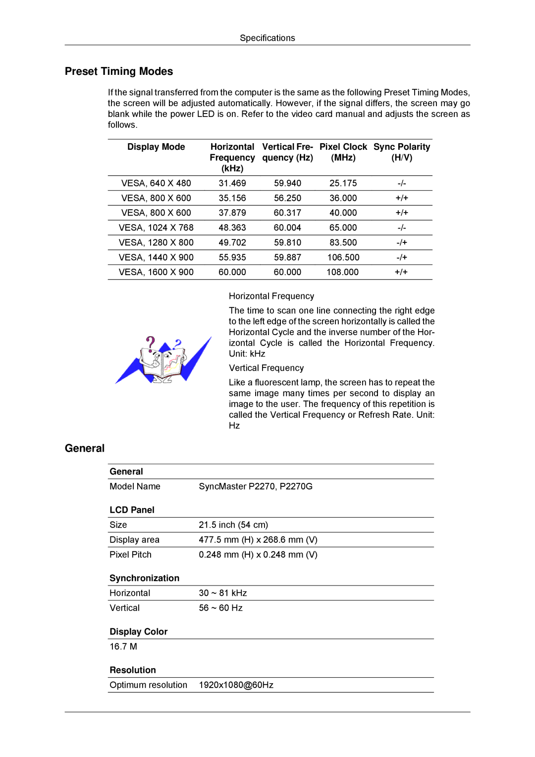 Samsung LS22EFHKFV/CI manual Preset Timing Modes, Display Mode Horizontal, Sync Polarity, Frequency Quency Hz MHz KHz 