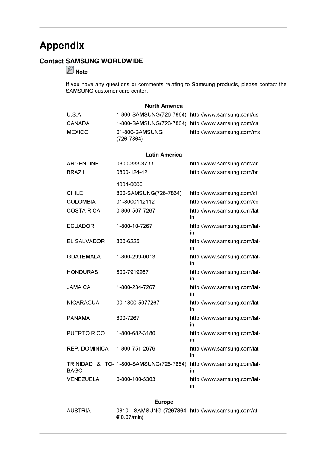 Samsung LS23EFHKFV/ZN, LS22EFHKFV/EN manual Appendix, Contact Samsung Worldwide, North America, Latin America, Europe 