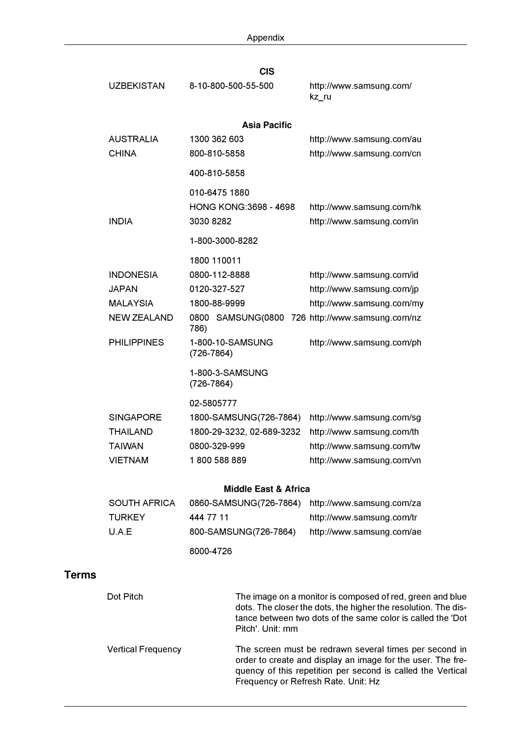 Samsung LS22EFHKFV/XT, LS22EFHKFV/EN, LS20EFHKFV/EN, LS22EFHKFU/EN, LS23EFHKFV/EN Terms, Asia Pacific, Middle East & Africa 