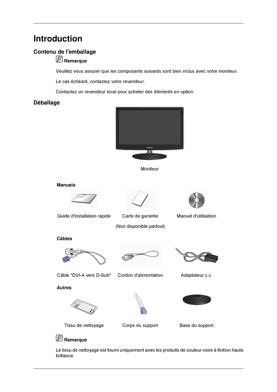 Samsung LS22EFHKFU/EN, LS22EFHKFV/EN, LS20EFHKFV/EN, LS23EFHKFV/EN manual Introduction, Contenu de lemballage, Déballage 