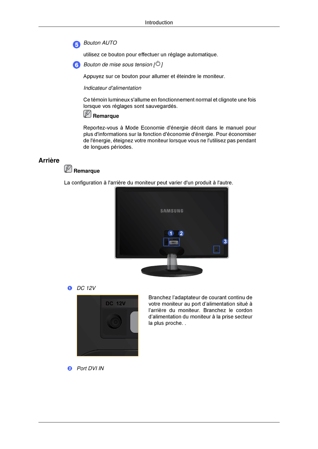 Samsung LS20EFHKFV/EN, LS22EFHKFV/EN, LS22EFHKFU/EN, LS23EFHKFV/EN manual Arrière, Indicateur dalimentation 