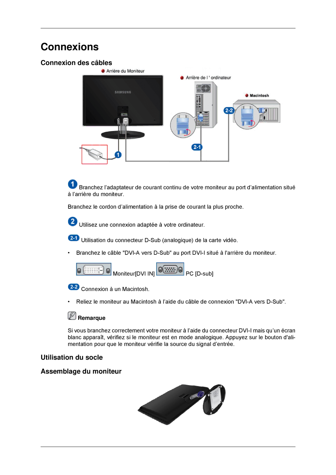 Samsung LS23EFHKFV/EN, LS22EFHKFV/EN manual Connexions, Connexion des câbles, Utilisation du socle Assemblage du moniteur 