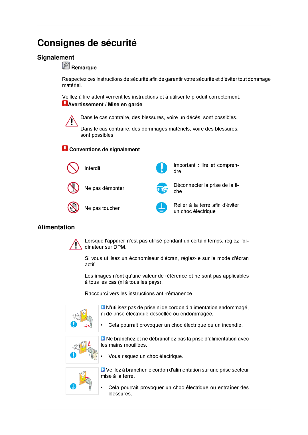 Samsung LS22EFHKFU/EN, LS22EFHKFV/EN, LS20EFHKFV/EN, LS23EFHKFV/EN manual Consignes de sécurité, Signalement, Alimentation 