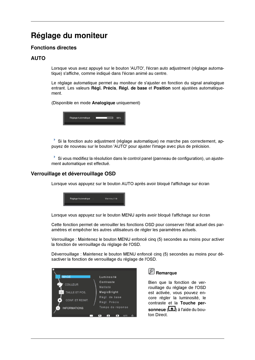 Samsung LS23EFHKFV/EN, LS22EFHKFV/EN manual Réglage du moniteur, Fonctions directes, Verrouillage et déverrouillage OSD 