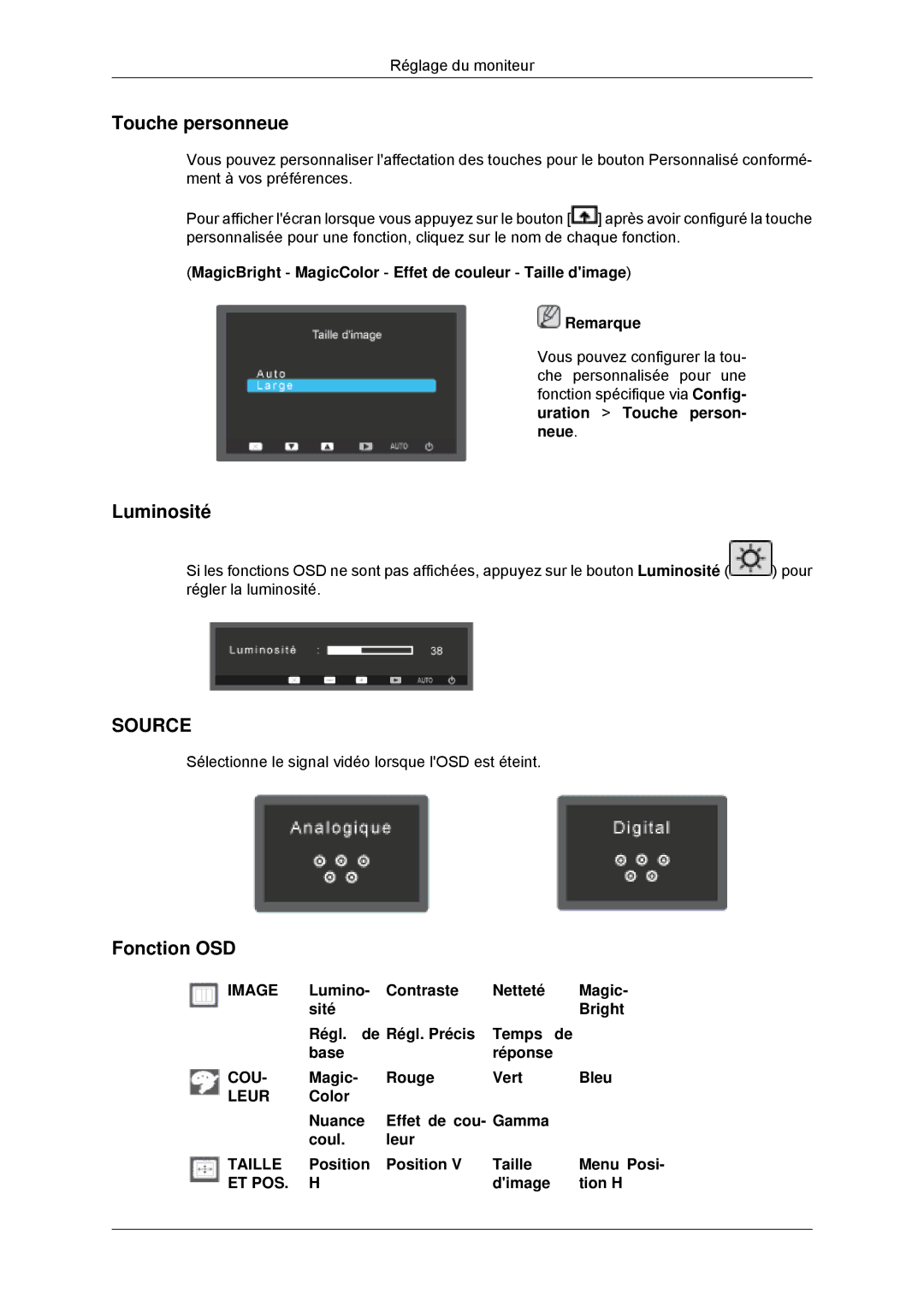 Samsung LS22EFHKFV/EN, LS20EFHKFV/EN, LS22EFHKFU/EN, LS23EFHKFV/EN manual Touche personneue, Luminosité, Fonction OSD 