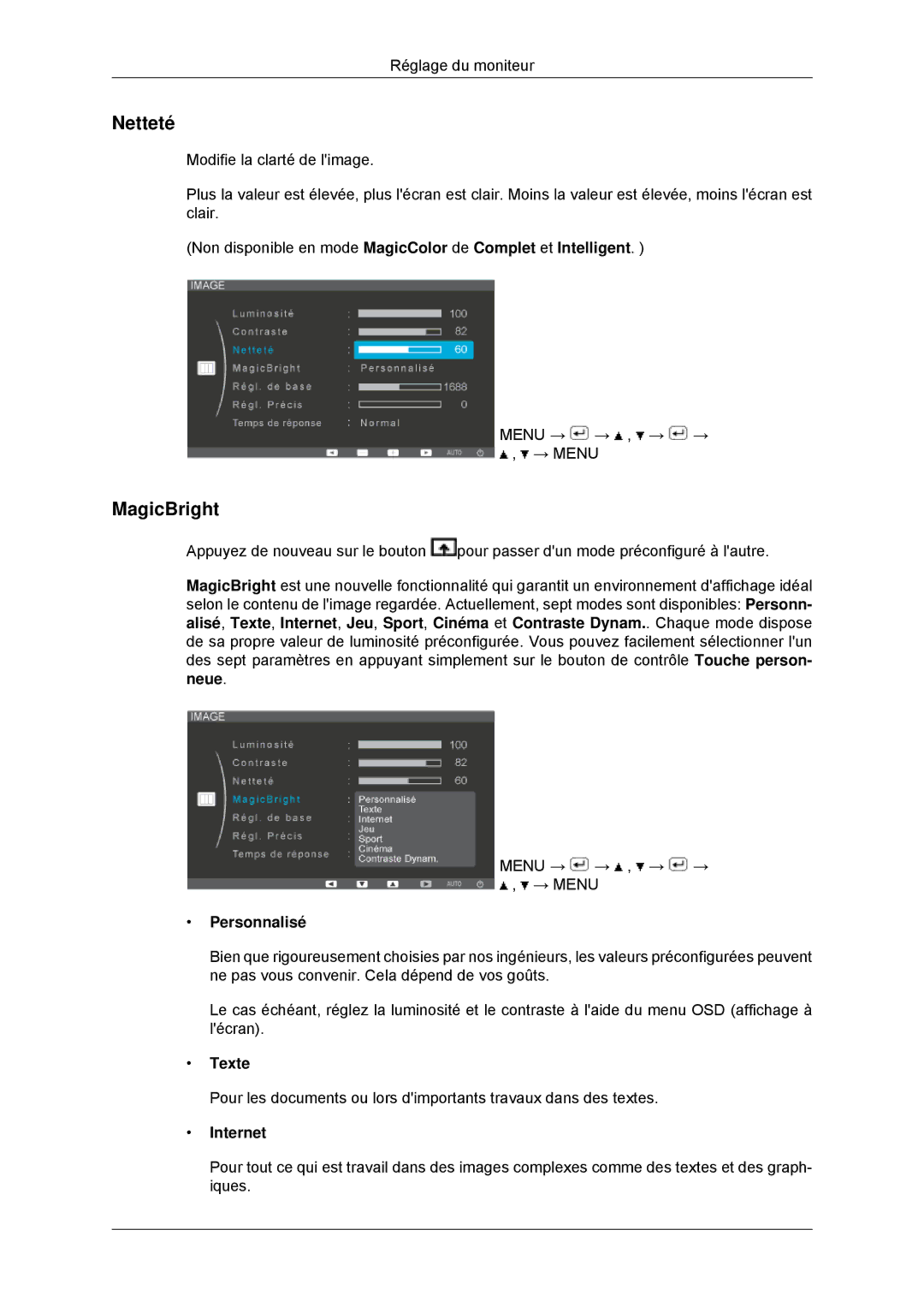 Samsung LS22EFHKFU/EN, LS22EFHKFV/EN, LS20EFHKFV/EN, LS23EFHKFV/EN manual Netteté, MagicBright, Personnalisé, Texte, Internet 