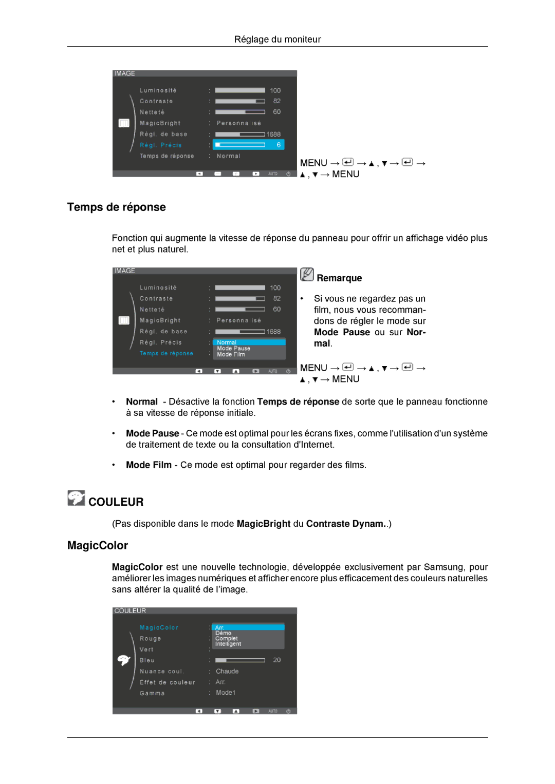 Samsung LS22EFHKFV/EN, LS20EFHKFV/EN, LS22EFHKFU/EN, LS23EFHKFV/EN manual Temps de réponse, MagicColor 