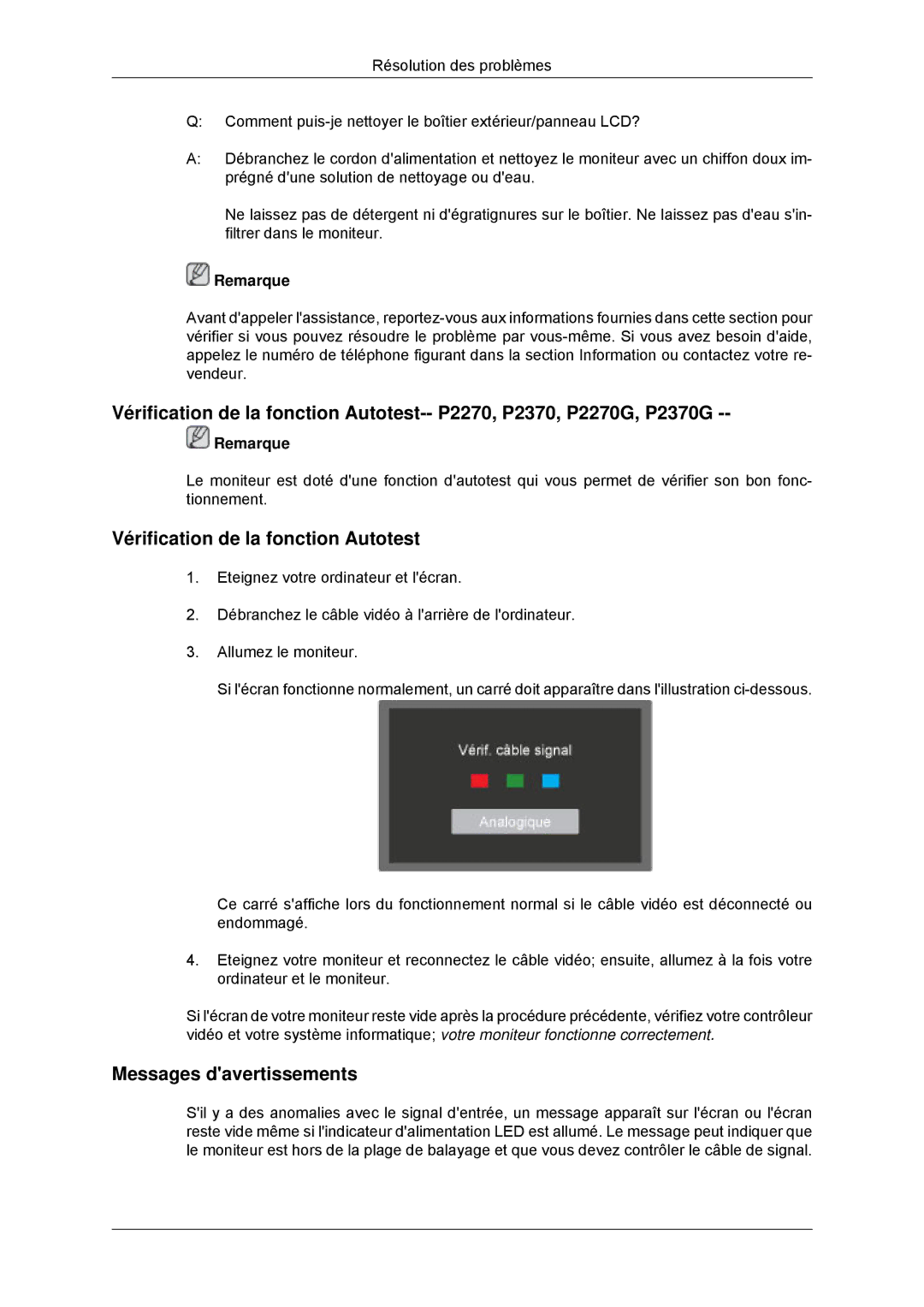 Samsung LS23EFHKFV/EN, LS22EFHKFV/EN, LS20EFHKFV/EN, LS22EFHKFU/EN manual Vérification de la fonction Autotest 