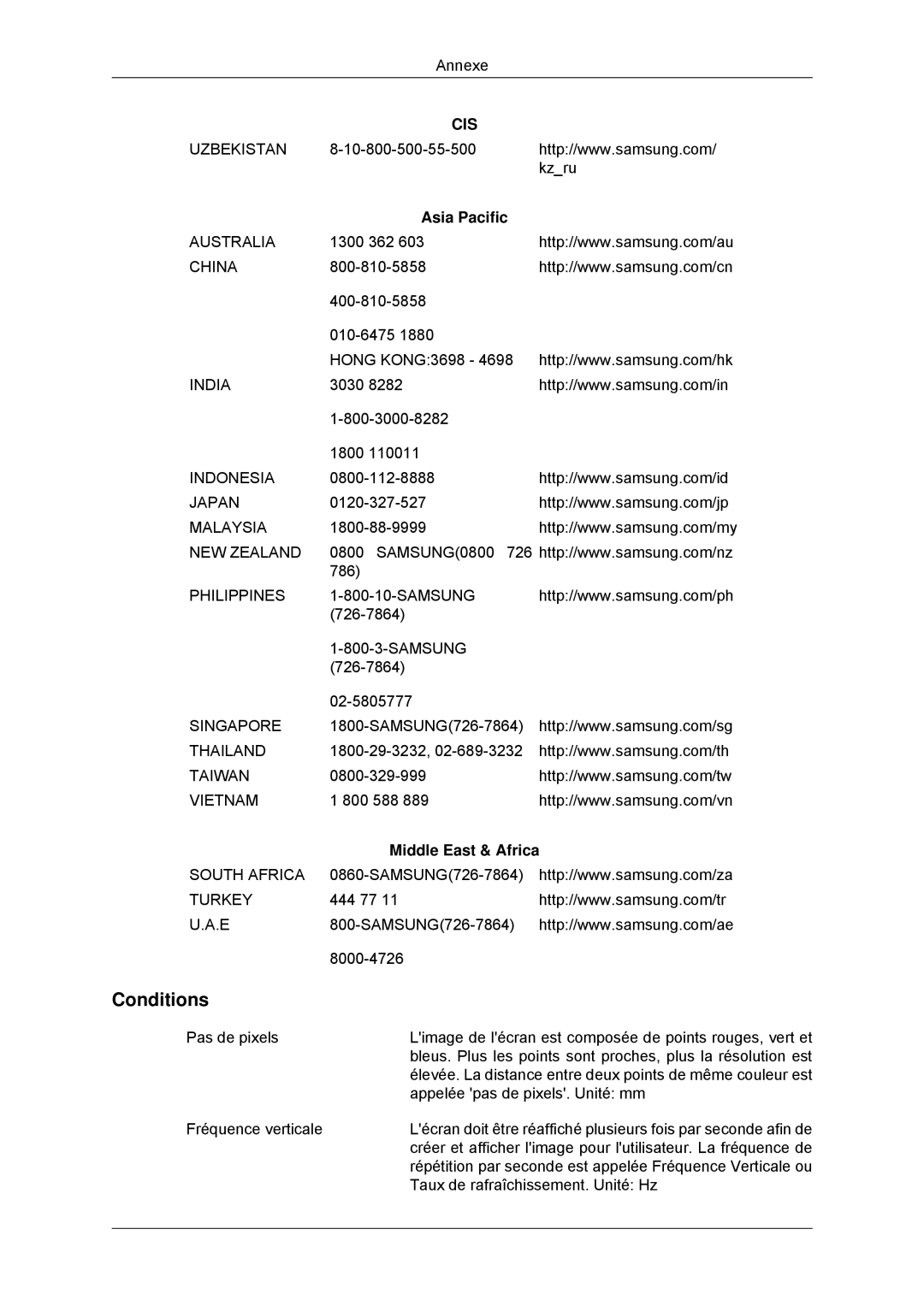 Samsung LS22EFHKFV/EN, LS20EFHKFV/EN, LS22EFHKFU/EN, LS23EFHKFV/EN manual Conditions, Asia Pacific, Middle East & Africa 