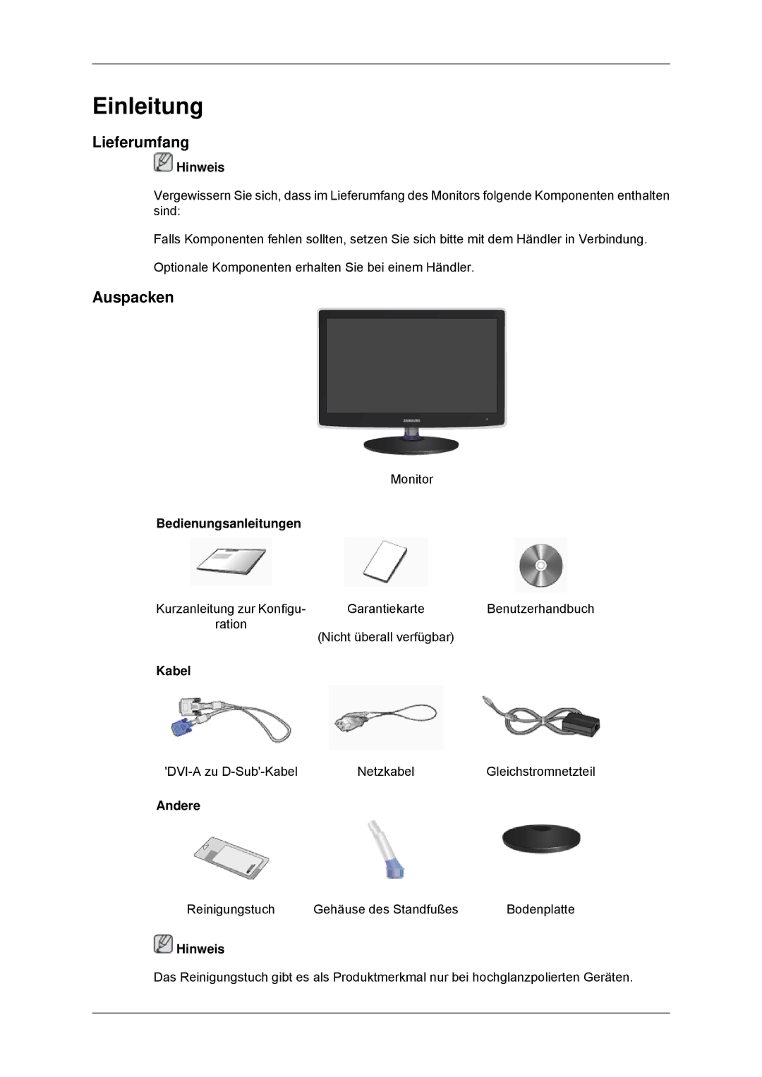 Samsung LS22EFHKFU/EN, LS22EFHKFV/EN, LS20EFHKFV/EN, LS23EFHKFV/EN manual Lieferumfang, Auspacken 