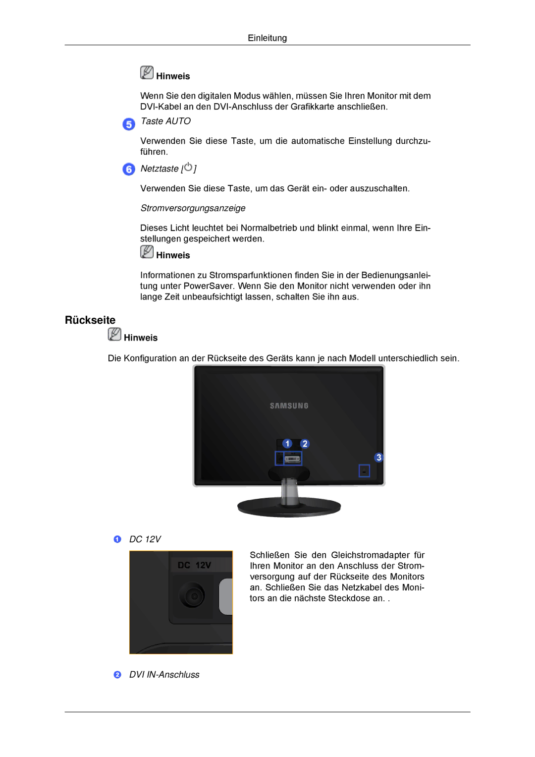 Samsung LS20EFHKFV/EN, LS22EFHKFV/EN, LS22EFHKFU/EN, LS23EFHKFV/EN manual Rückseite, Stromversorgungsanzeige 