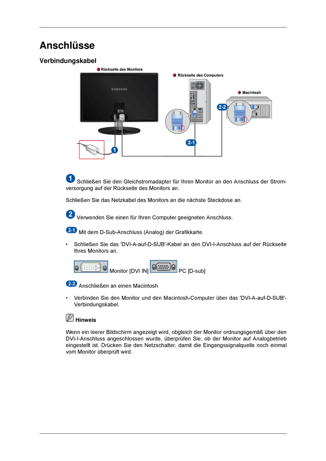 Samsung LS23EFHKFV/EN, LS22EFHKFV/EN, LS20EFHKFV/EN, LS22EFHKFU/EN manual Anschlüsse, Verbindungskabel 