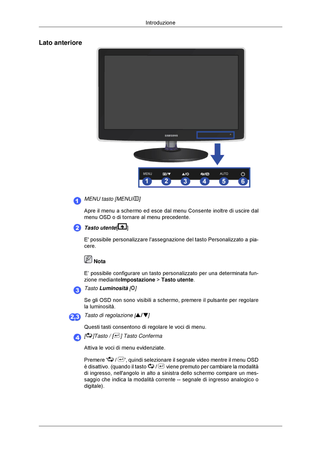 Samsung LS22EFHKFV/EN, LS20EFHKFV/EN, LS22EFHKFU/EN, LS23EFHKFV/EN manual Lato anteriore, Menu tasto Menu 