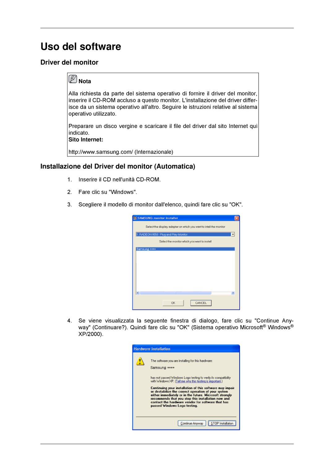 Samsung LS20EFHKFV/EN, LS22EFHKFV/EN Uso del software, Installazione del Driver del monitor Automatica, Sito Internet 