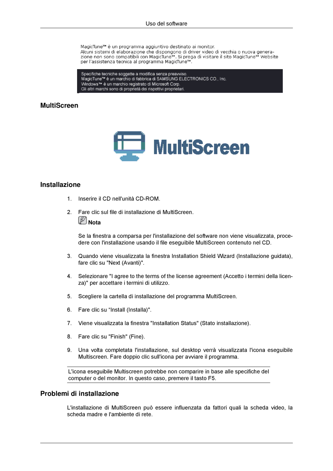 Samsung LS20EFHKFV/EN, LS22EFHKFV/EN, LS22EFHKFU/EN, LS23EFHKFV/EN manual MultiScreen Installazione 