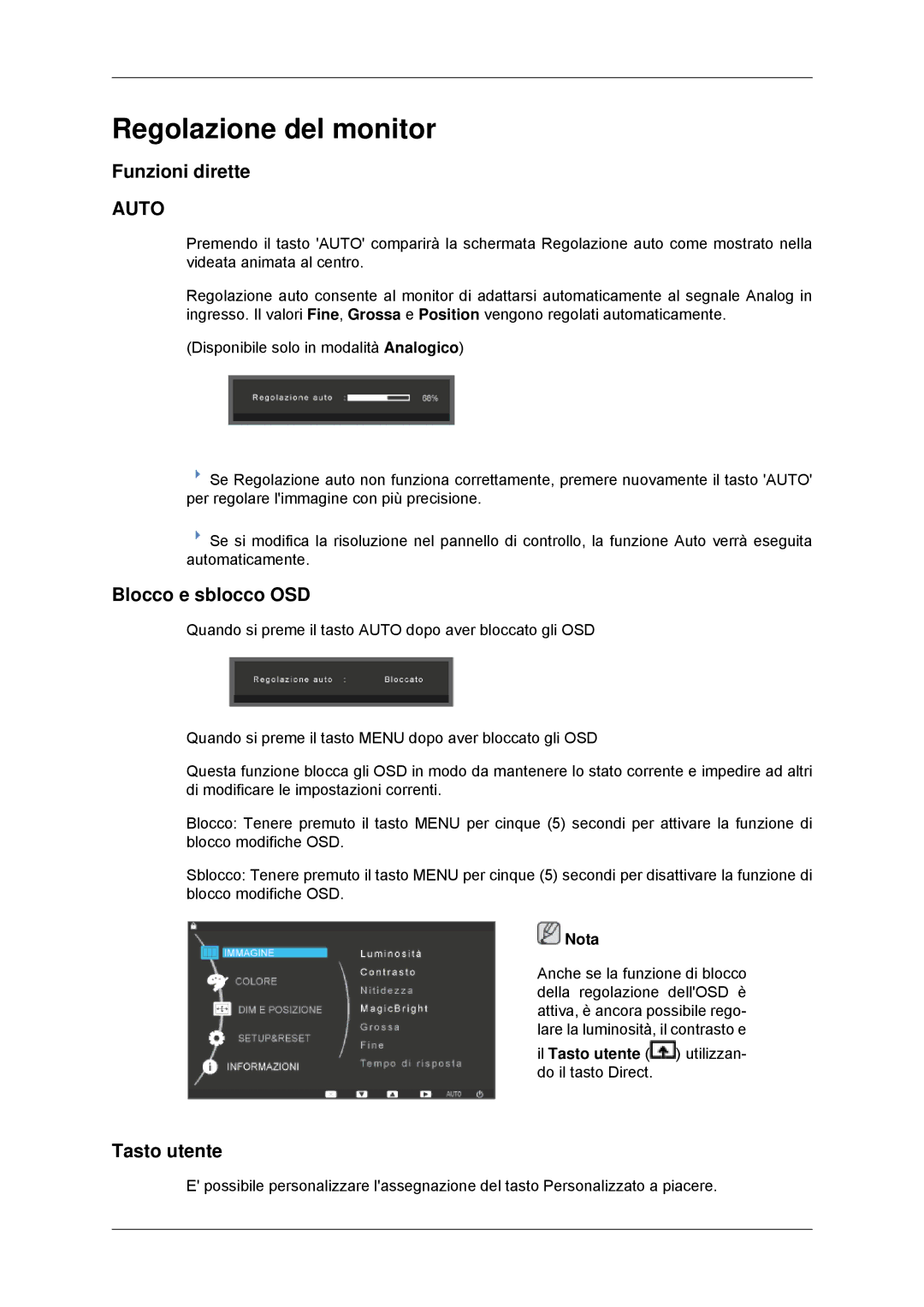 Samsung LS23EFHKFV/EN, LS22EFHKFV/EN manual Regolazione del monitor, Funzioni dirette, Blocco e sblocco OSD, Tasto utente 