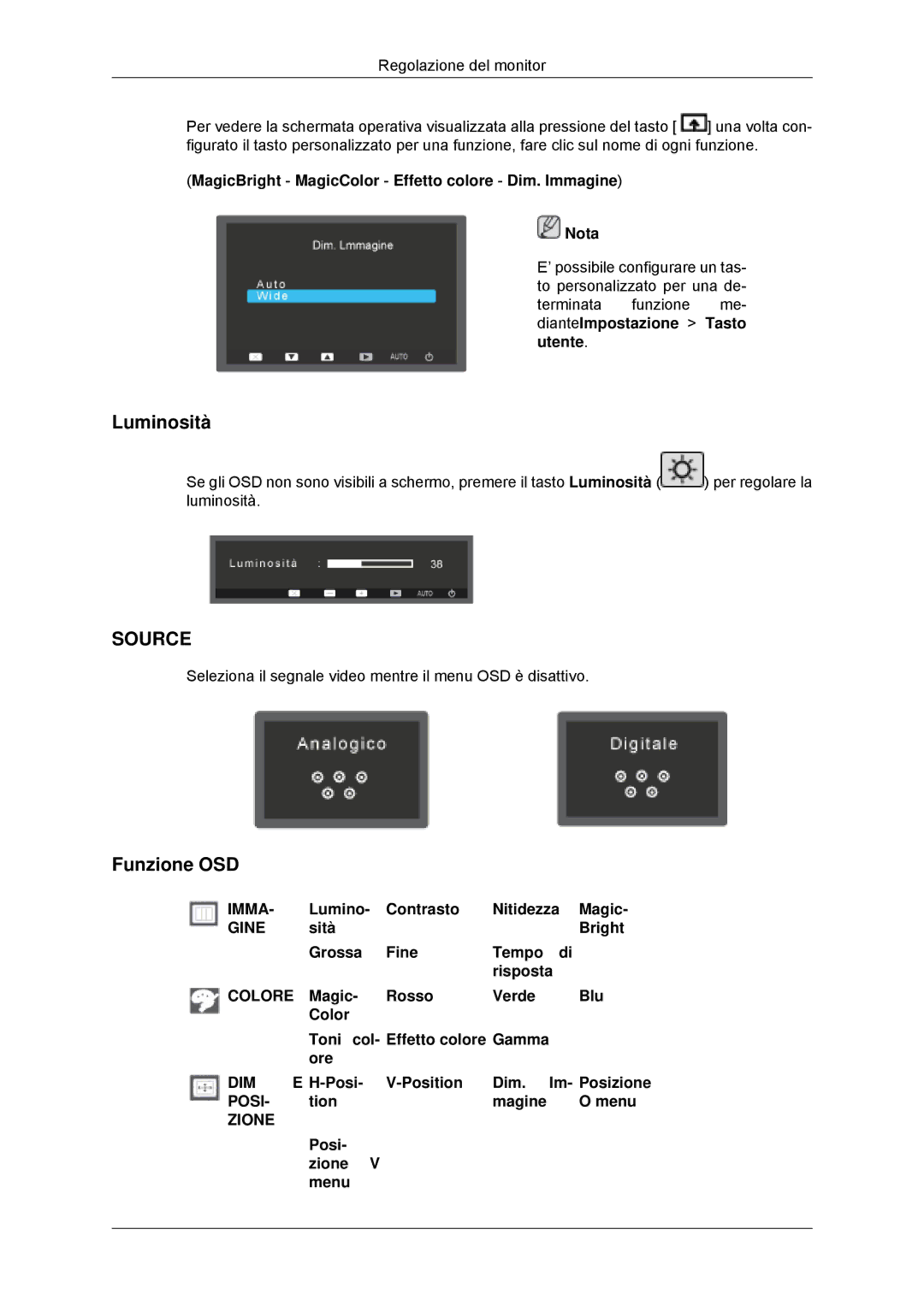 Samsung LS22EFHKFV/EN, LS20EFHKFV/EN, LS22EFHKFU/EN, LS23EFHKFV/EN manual Luminosità, Funzione OSD 