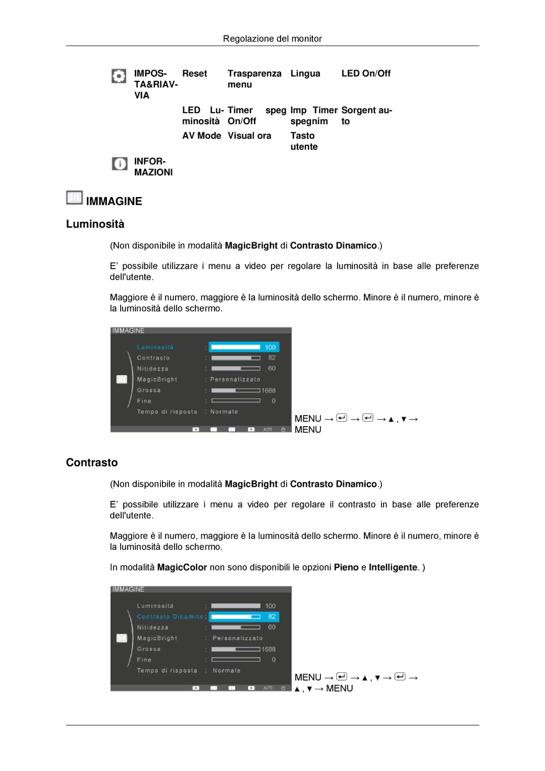 Samsung LS20EFHKFV/EN manual Contrasto, IMPOS- Reset Trasparenza Lingua LED On/Off, LED Lu- Timer speg Imp Timer Sorgent au 