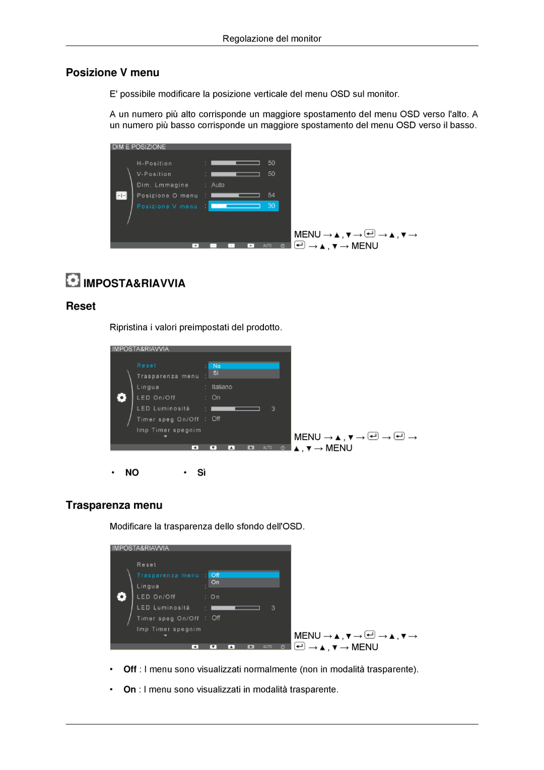 Samsung LS20EFHKFV/EN, LS22EFHKFV/EN, LS22EFHKFU/EN, LS23EFHKFV/EN manual Posizione V menu, Reset, Trasparenza menu 