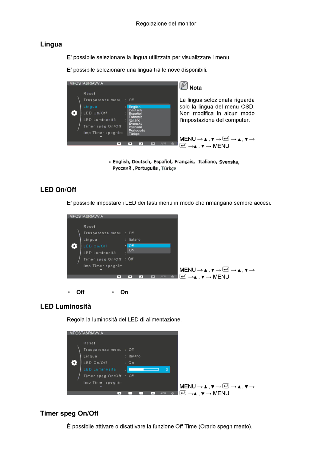 Samsung LS22EFHKFU/EN, LS22EFHKFV/EN, LS20EFHKFV/EN, LS23EFHKFV/EN Lingua, LED On/Off, LED Luminosità, Timer speg On/Off 