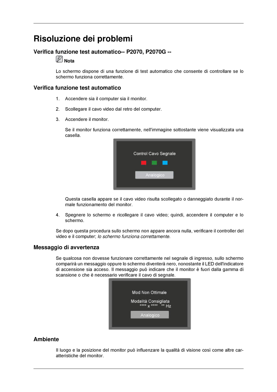 Samsung LS22EFHKFU/EN Risoluzione dei problemi, Verifica funzione test automatico-- P2070, P2070G, Messaggio di avvertenza 