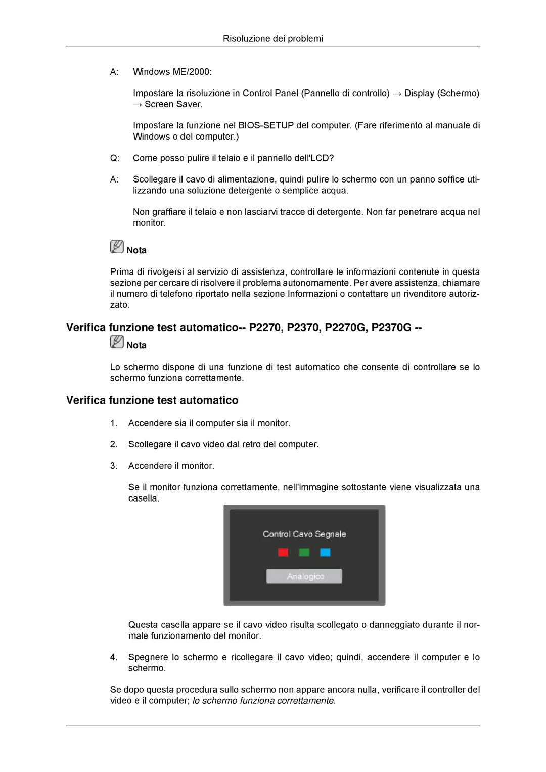 Samsung LS23EFHKFV/EN, LS22EFHKFV/EN, LS20EFHKFV/EN, LS22EFHKFU/EN manual Verifica funzione test automatico 