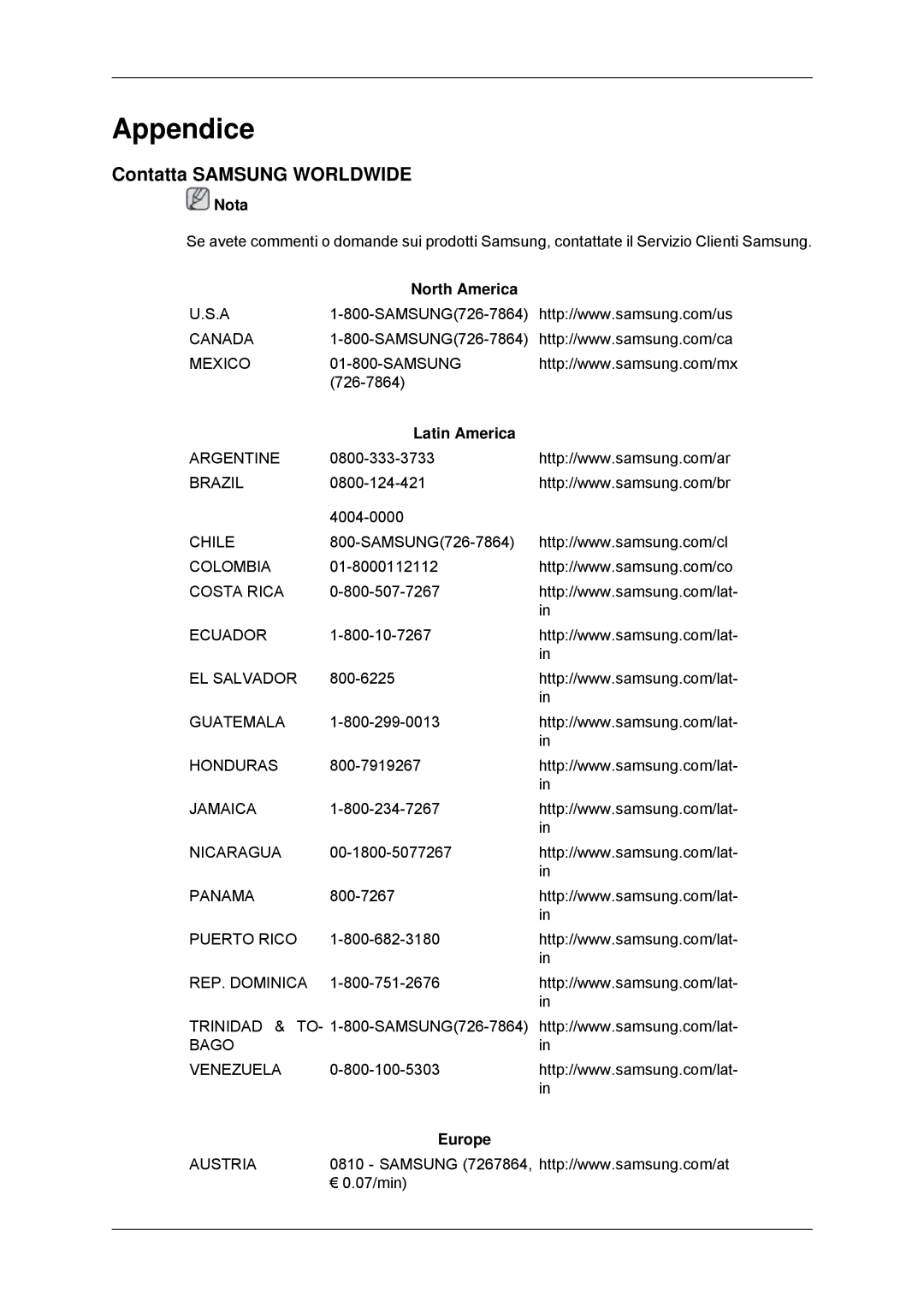 Samsung LS22EFHKFU/EN, LS22EFHKFV/EN manual Appendice, Contatta Samsung Worldwide, North America, Latin America, Europe 