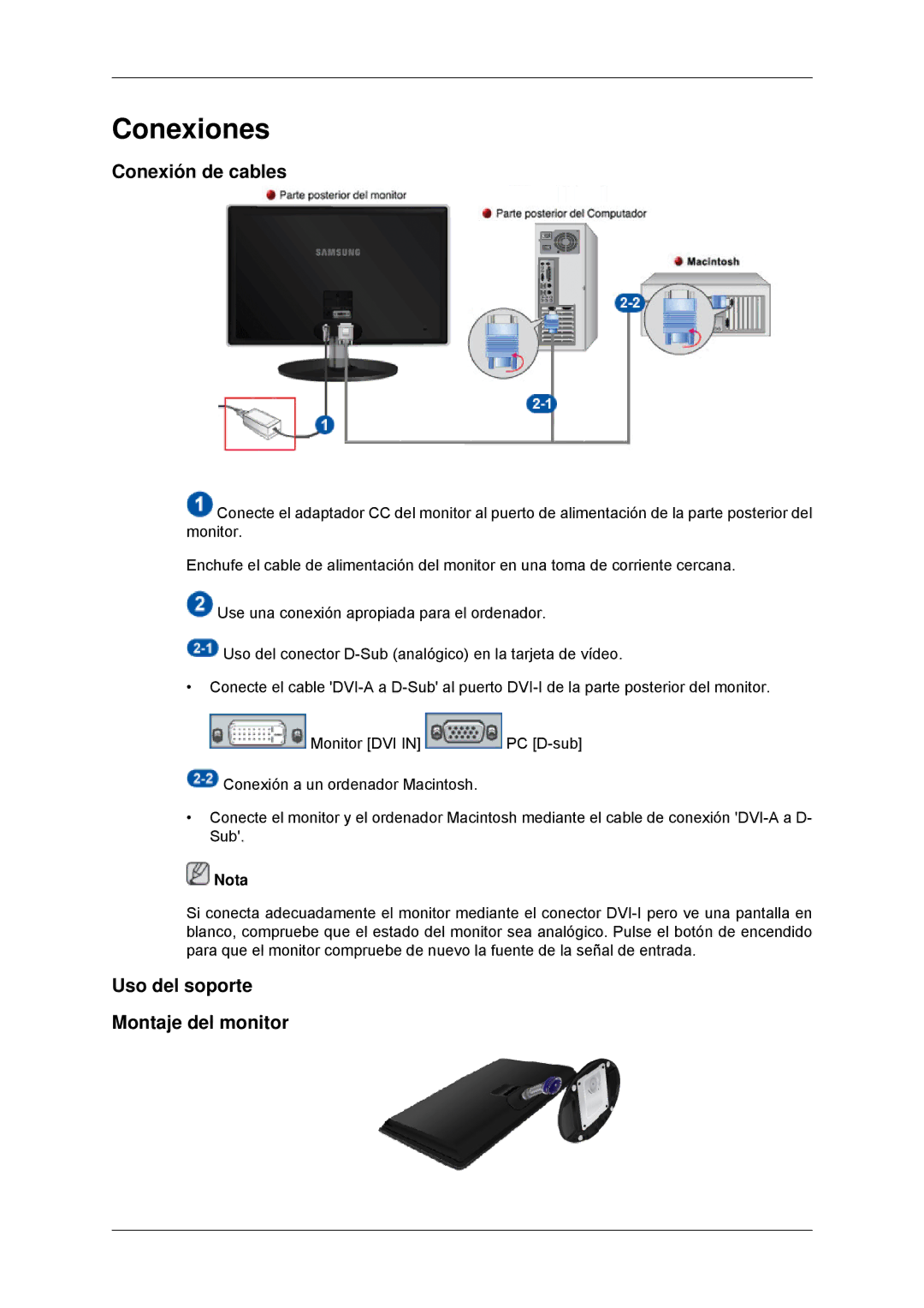 Samsung LS23EFHKFV/EN, LS22EFHKFV/EN, LS20EFHKFV/EN Conexiones, Conexión de cables, Uso del soporte Montaje del monitor 