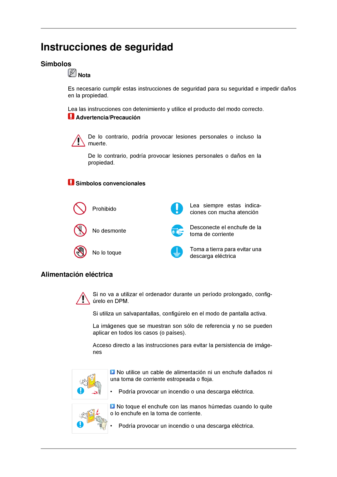 Samsung LS22EFHKFU/EN, LS22EFHKFV/EN, LS20EFHKFV/EN manual Instrucciones de seguridad, Símbolos, Alimentación eléctrica 