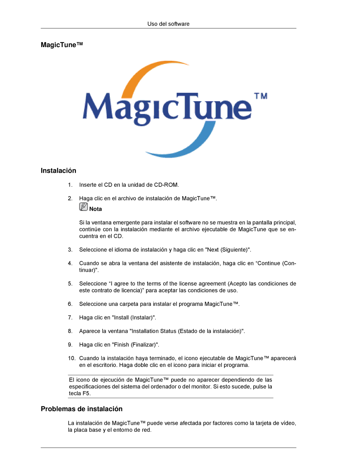 Samsung LS23EFHKFV/EN, LS22EFHKFV/EN, LS20EFHKFV/EN, LS22EFHKFU/EN manual MagicTune Instalación, Problemas de instalación 