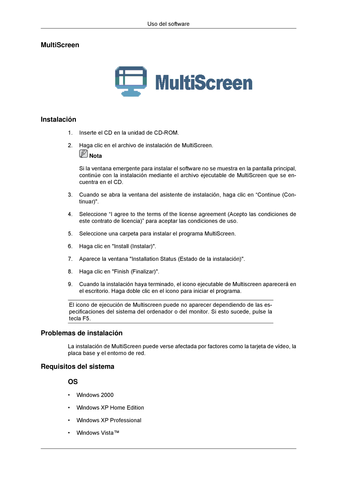 Samsung LS20EFHKFV/EN, LS22EFHKFV/EN, LS22EFHKFU/EN, LS23EFHKFV/EN manual MultiScreen Instalación 