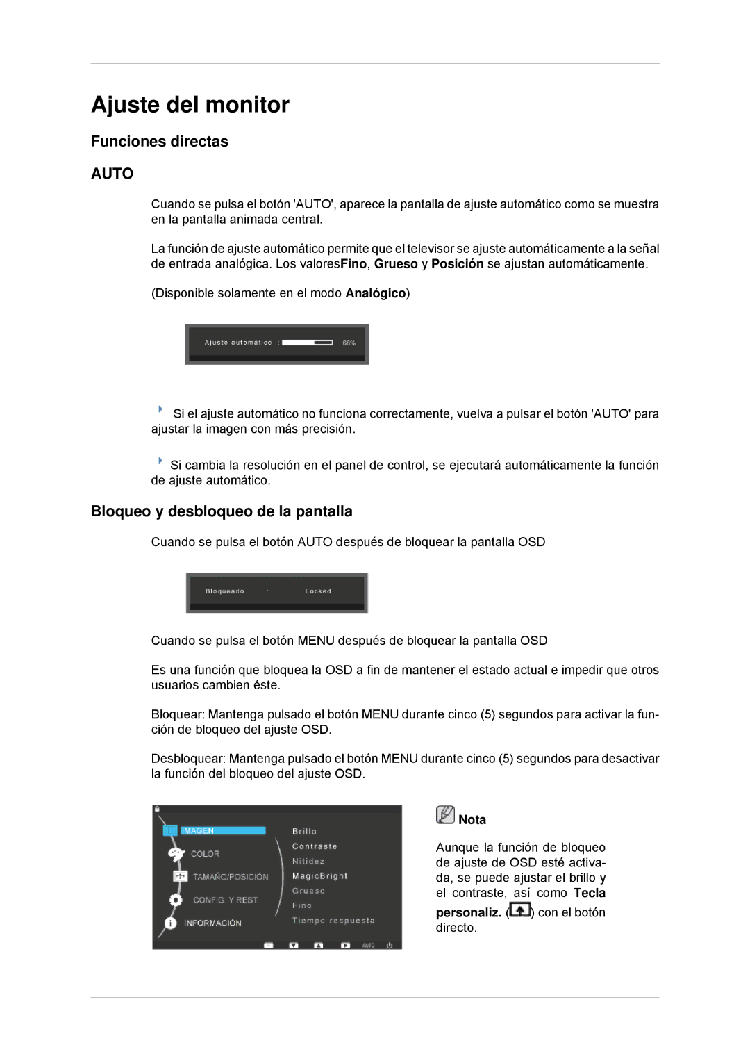 Samsung LS23EFHKFV/EN, LS22EFHKFV/EN manual Ajuste del monitor, Funciones directas, Bloqueo y desbloqueo de la pantalla 