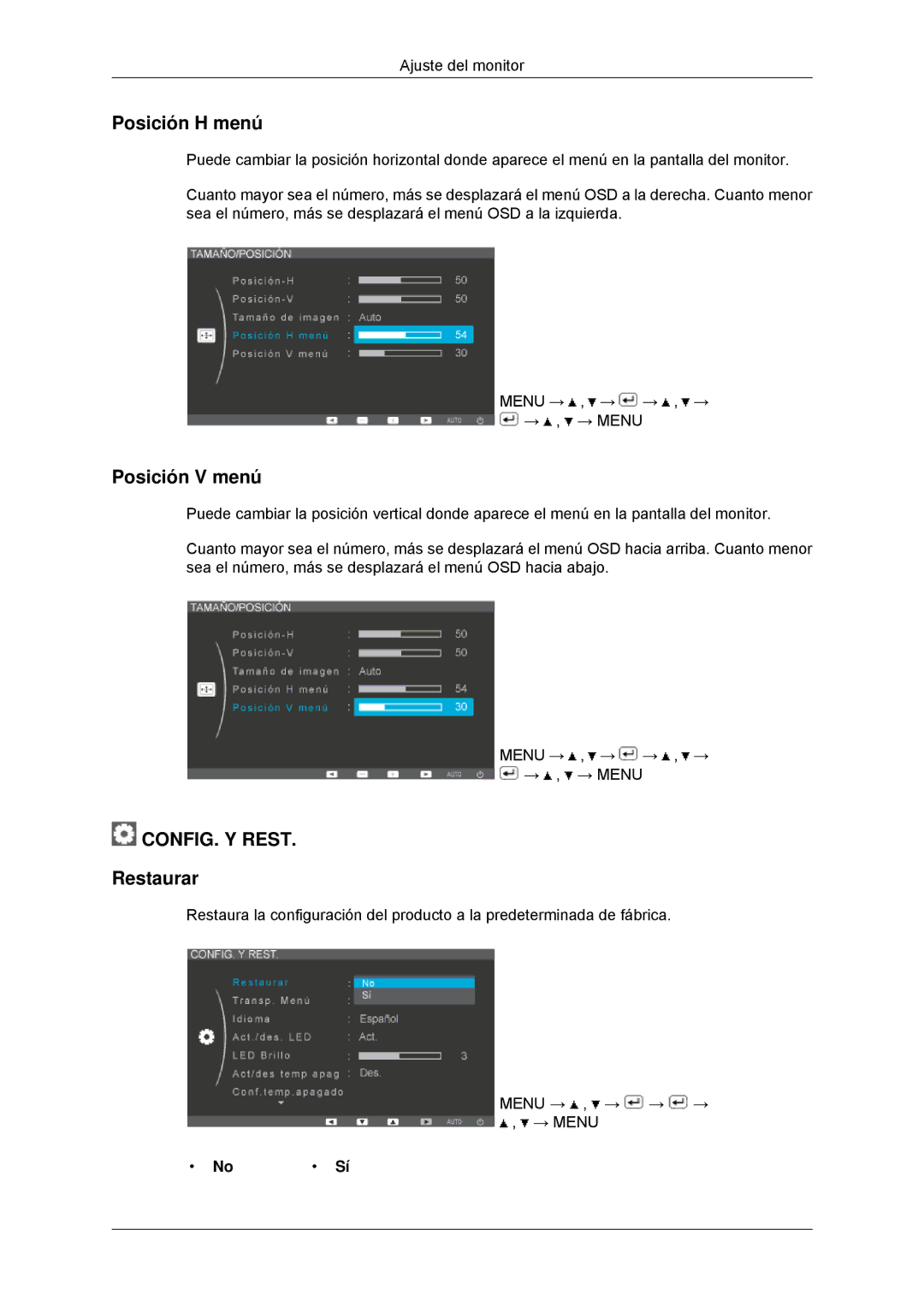 Samsung LS20EFHKFV/EN, LS22EFHKFV/EN, LS22EFHKFU/EN, LS23EFHKFV/EN manual Posición H menú, Posición V menú, Restaurar 