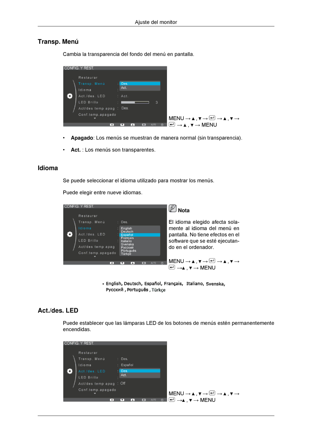 Samsung LS22EFHKFU/EN, LS22EFHKFV/EN, LS20EFHKFV/EN, LS23EFHKFV/EN manual Transp. Menú, Idioma, Act./des. LED 