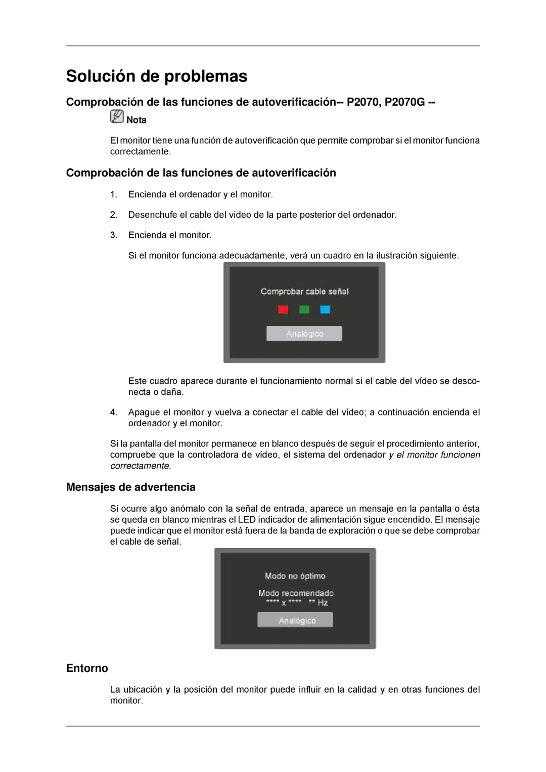 Samsung LS22EFHKFU/EN Solución de problemas, Comprobación de las funciones de autoverificación, Mensajes de advertencia 