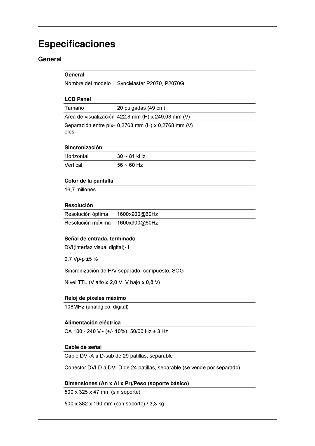 Samsung LS20EFHKFV/EN, LS22EFHKFV/EN, LS22EFHKFU/EN, LS23EFHKFV/EN manual Especificaciones, General 