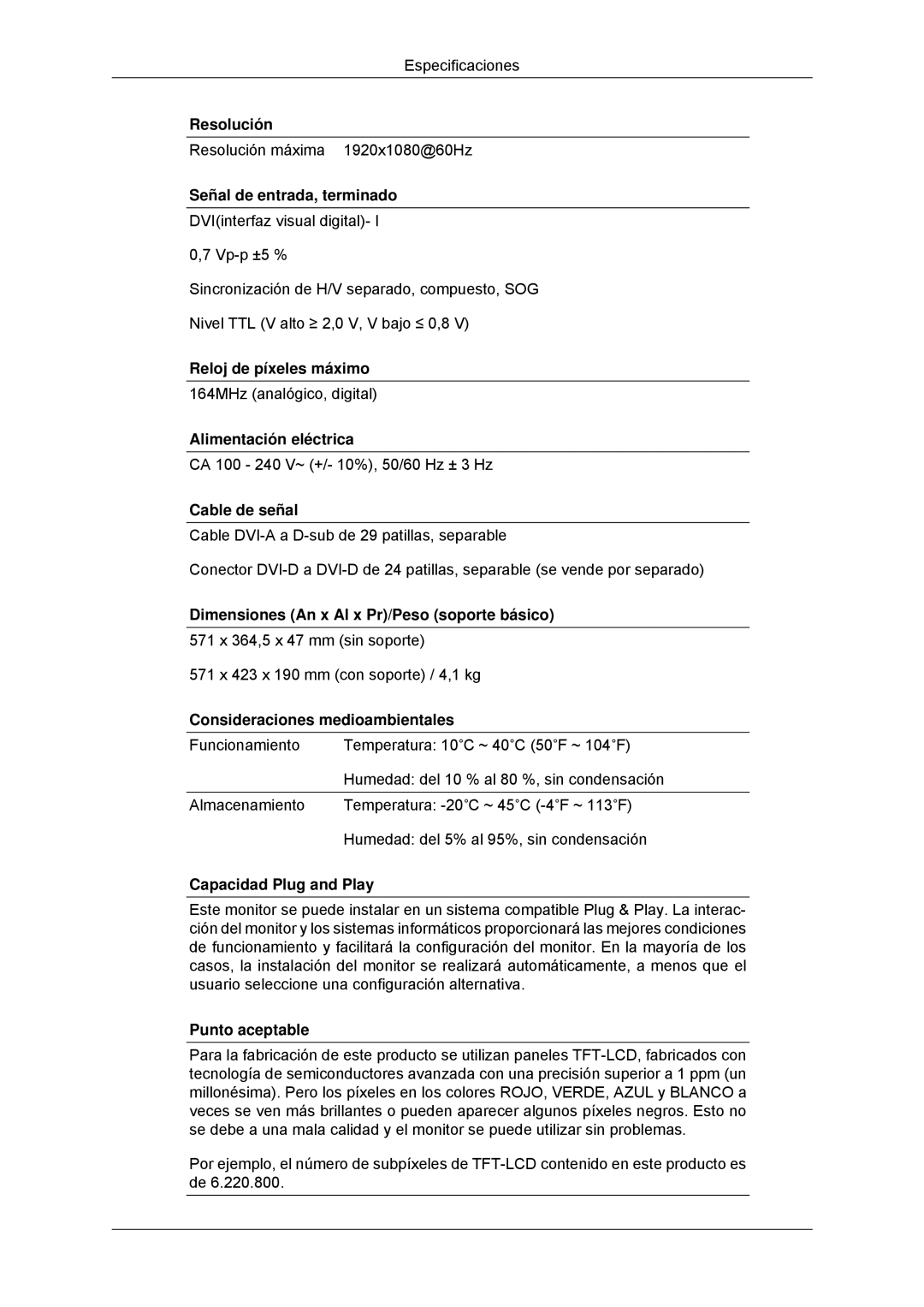 Samsung LS23EFHKFV/EN, LS22EFHKFV/EN, LS20EFHKFV/EN, LS22EFHKFU/EN manual Resolución máxima 1920x1080@60Hz 