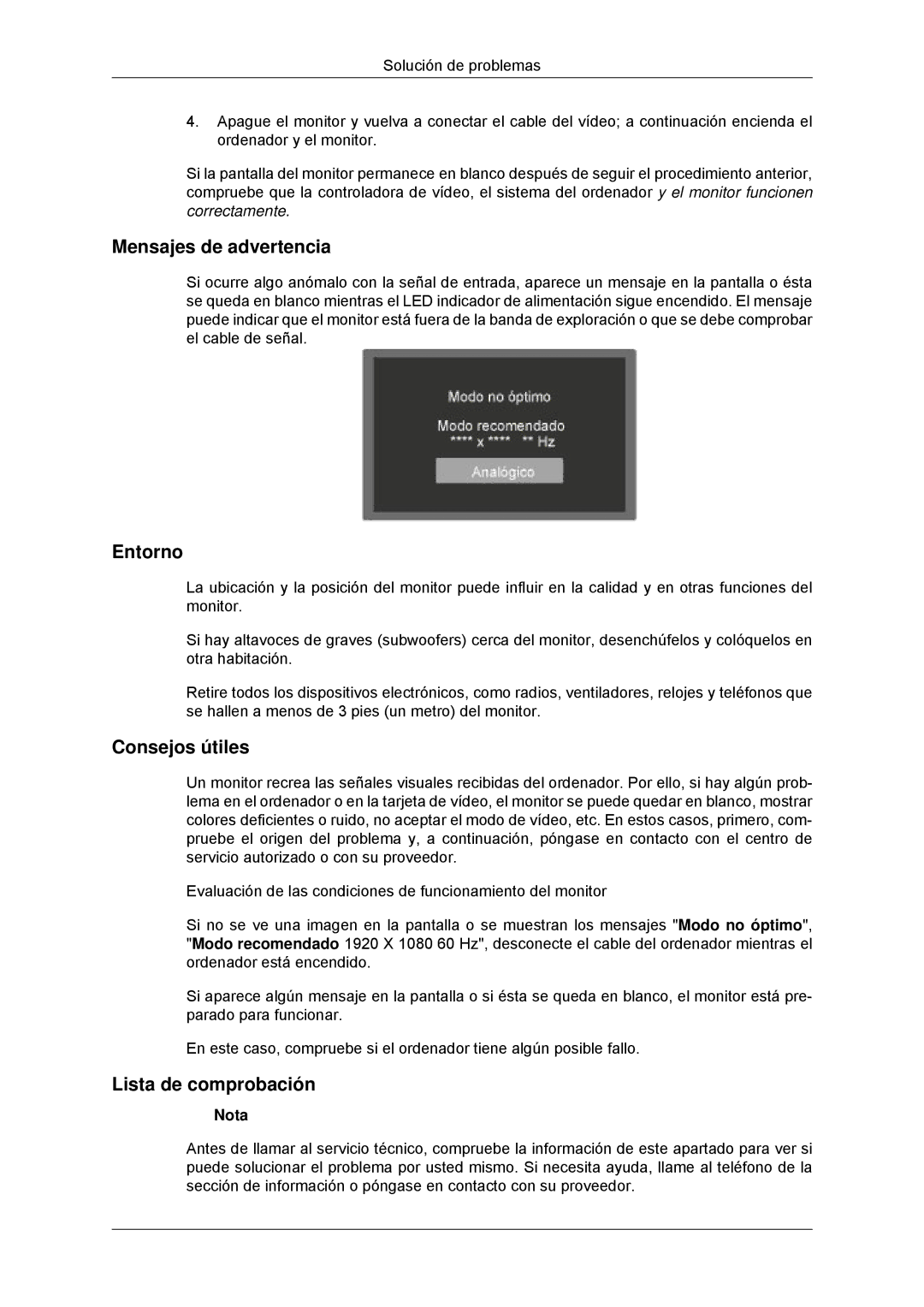 Samsung LS23EFHKFV/EN, LS22EFHKFV/EN, LS20EFHKFV/EN, LS22EFHKFU/EN manual Mensajes de advertencia 