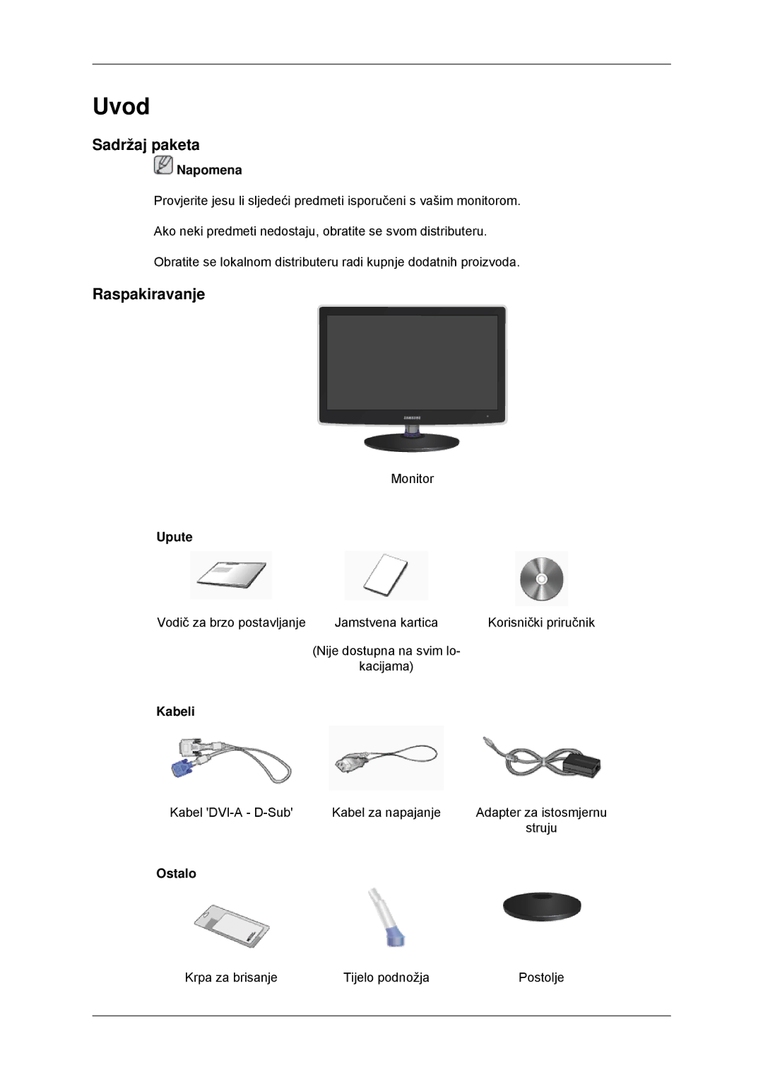 Samsung LS22EFHKFU/EN, LS22EFHKFV/EN, LS20EFHKFV/EN, LS23EFHKFV/EN manual Uvod, Sadržaj paketa, Raspakiravanje 