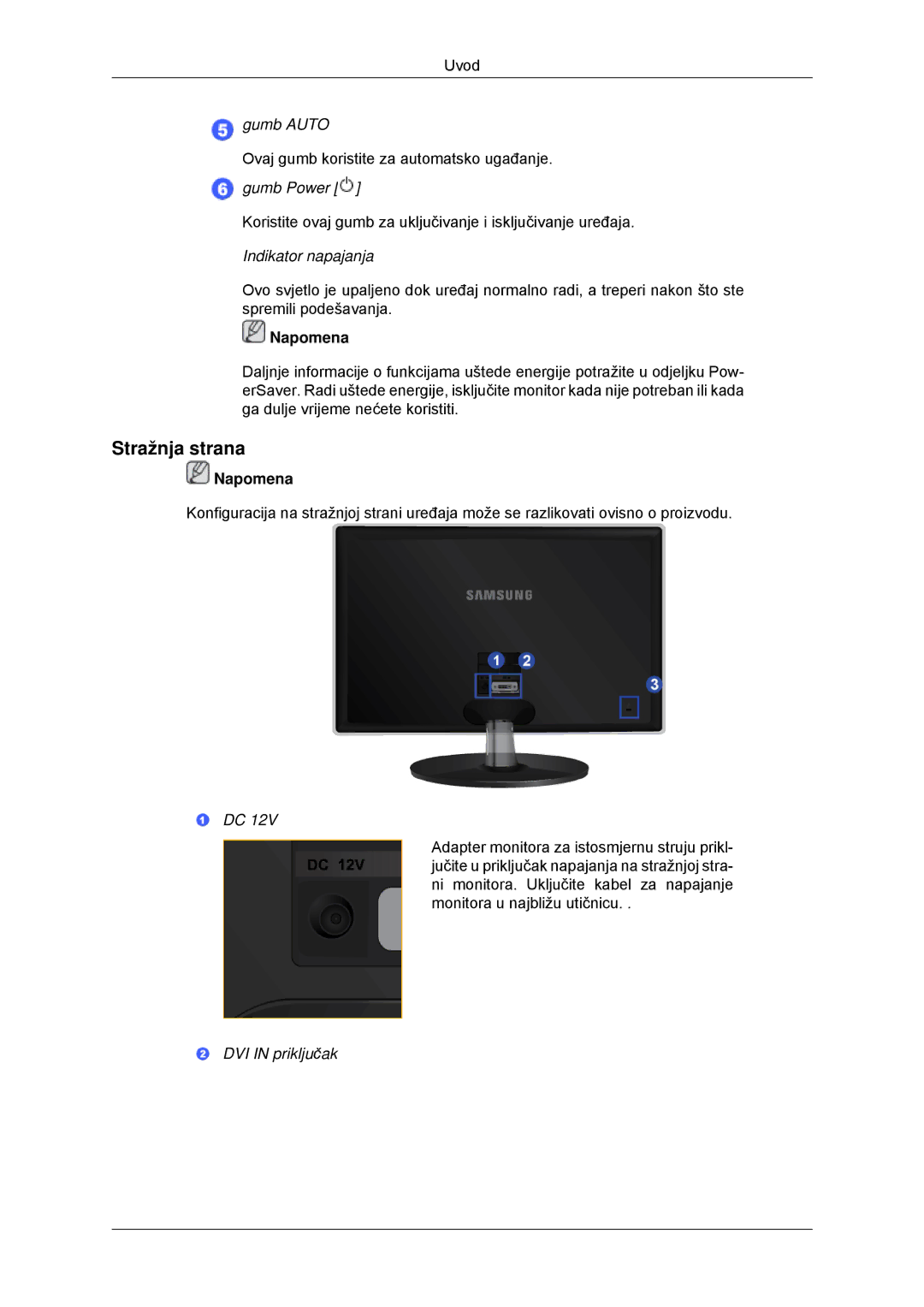 Samsung LS20EFHKFV/EN, LS22EFHKFV/EN, LS22EFHKFU/EN, LS23EFHKFV/EN manual Stražnja strana, Indikator napajanja 