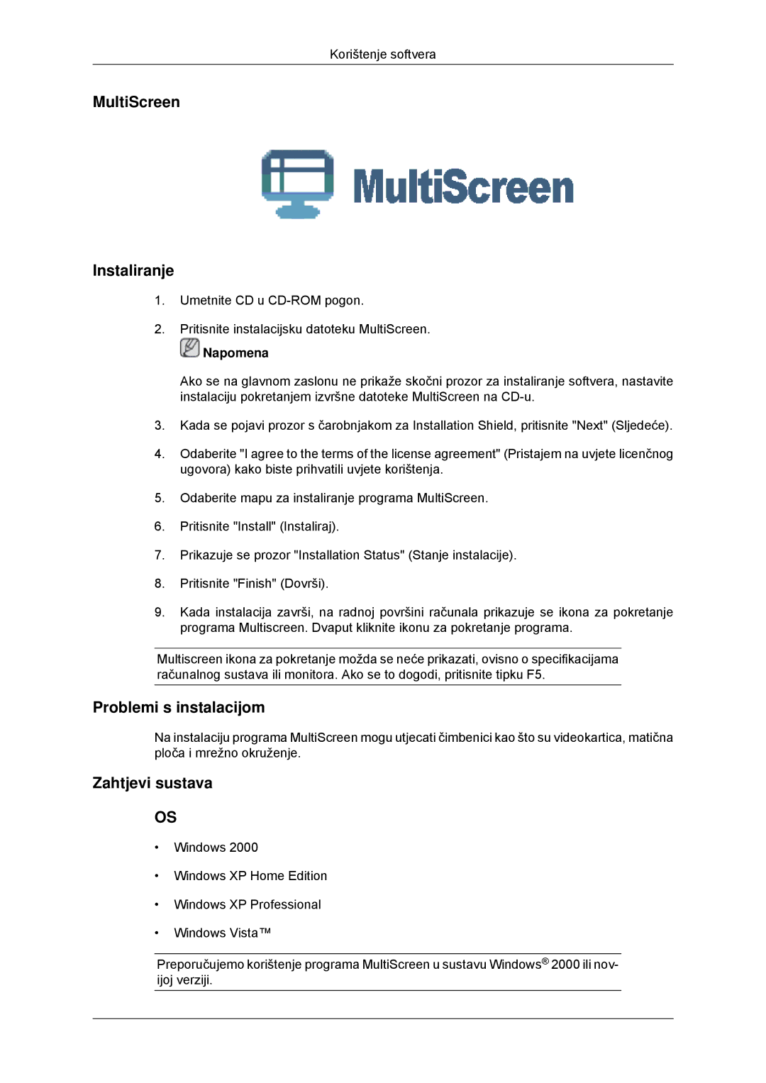 Samsung LS20EFHKFV/EN, LS22EFHKFV/EN, LS22EFHKFU/EN, LS23EFHKFV/EN manual MultiScreen Instaliranje 