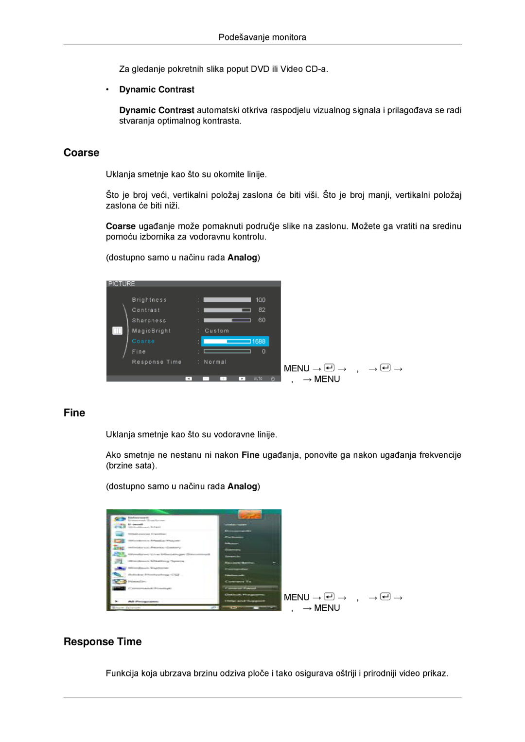 Samsung LS23EFHKFV/EN, LS22EFHKFV/EN, LS20EFHKFV/EN, LS22EFHKFU/EN manual Coarse, Fine, Response Time, Dynamic Contrast 