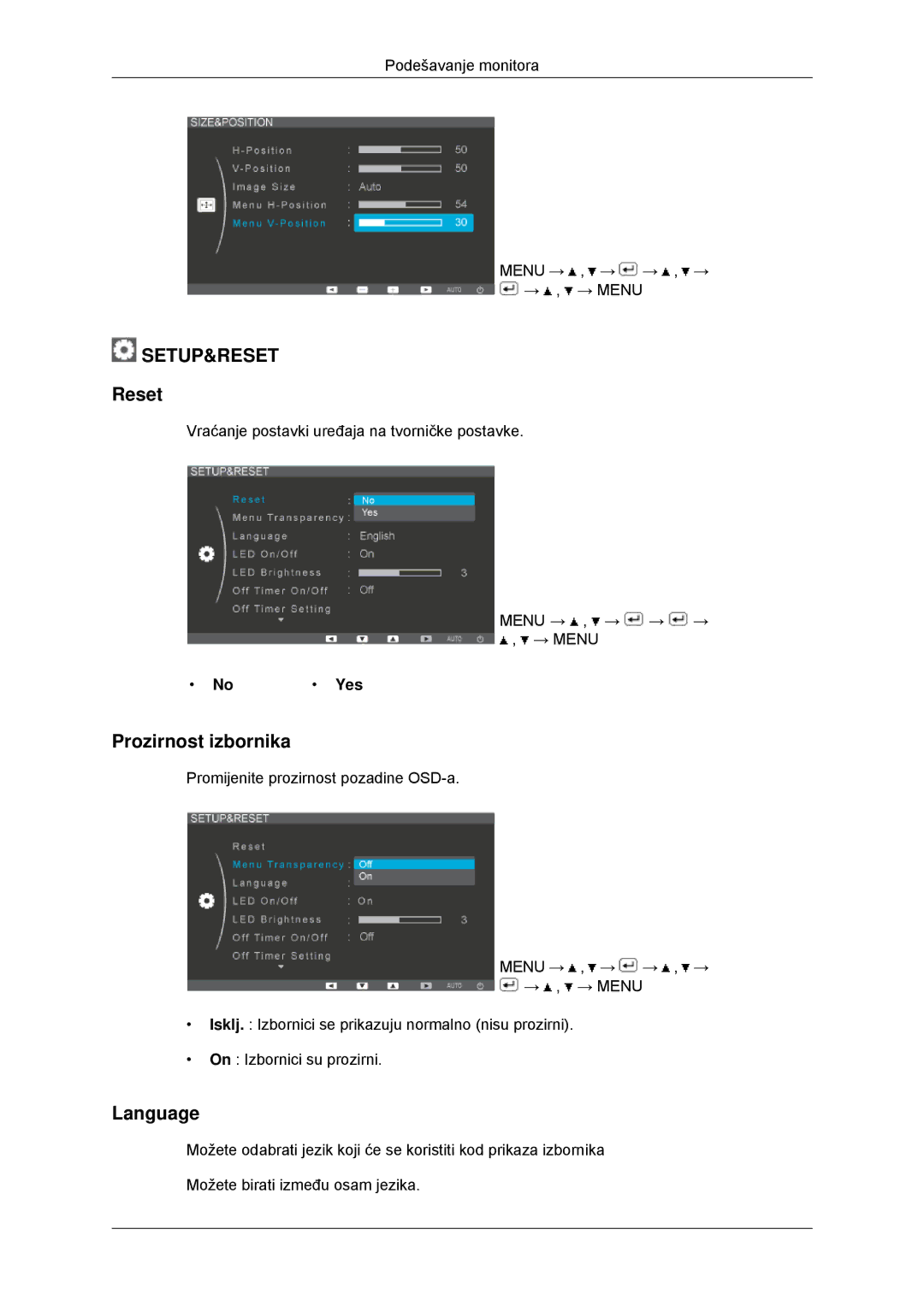 Samsung LS20EFHKFV/EN, LS22EFHKFV/EN, LS22EFHKFU/EN, LS23EFHKFV/EN manual Reset, Prozirnost izbornika, Language, Yes 