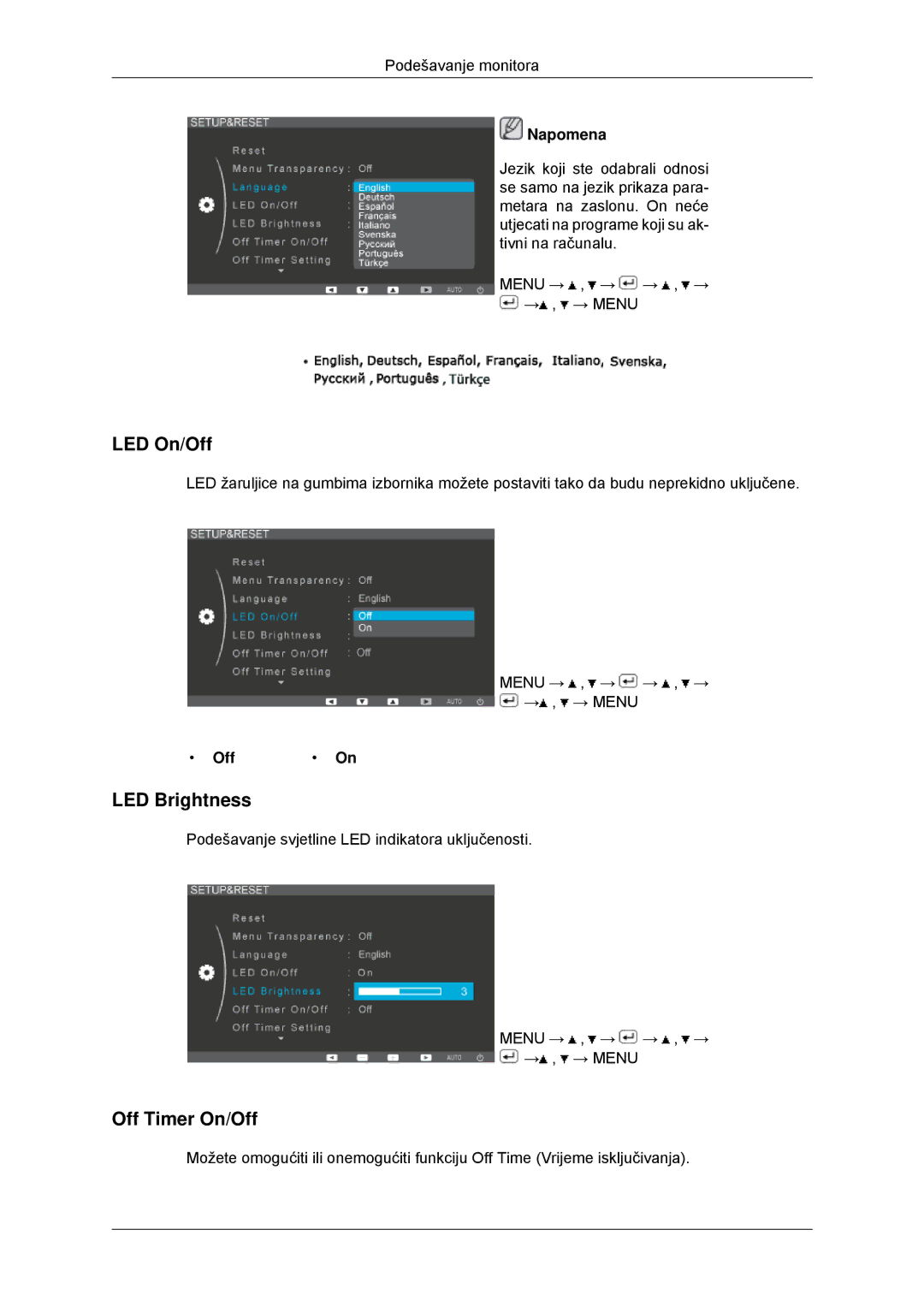 Samsung LS22EFHKFU/EN, LS22EFHKFV/EN, LS20EFHKFV/EN, LS23EFHKFV/EN manual LED On/Off, LED Brightness, Off Timer On/Off 