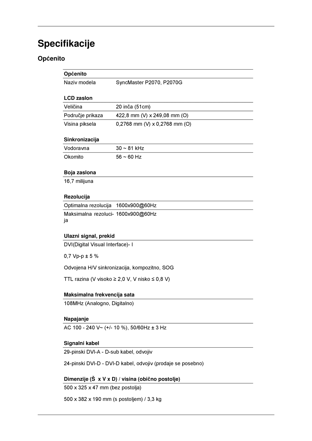 Samsung LS20EFHKFV/EN, LS22EFHKFV/EN, LS22EFHKFU/EN, LS23EFHKFV/EN manual Specifikacije, Općenito 